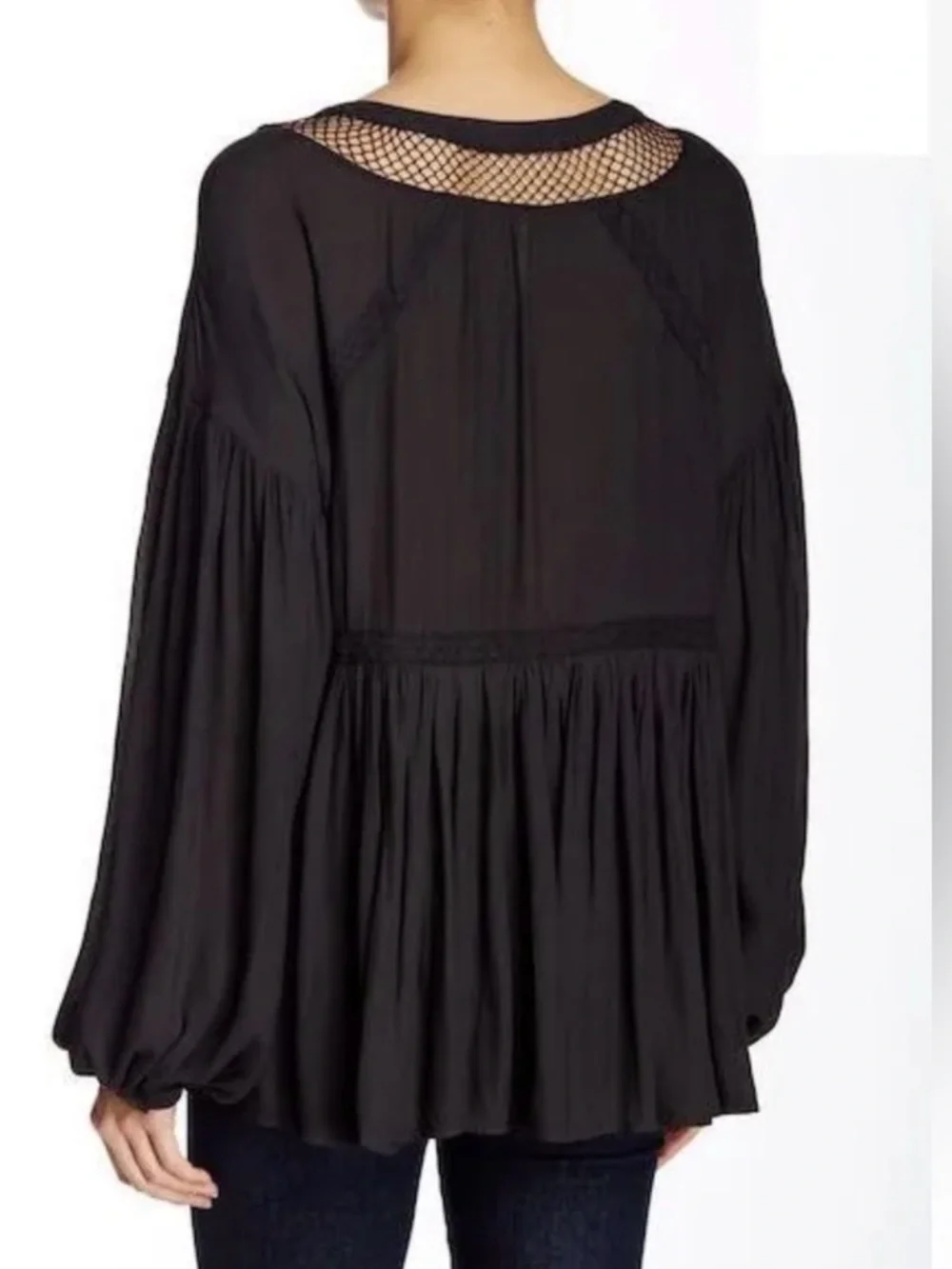 Free People Black Lace-Up Mesh Inset Peasant Blouse